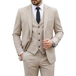 Men's Beige 3 Piece Suit Set With Tie Slim Fit Prom Party Wedding Business Suits